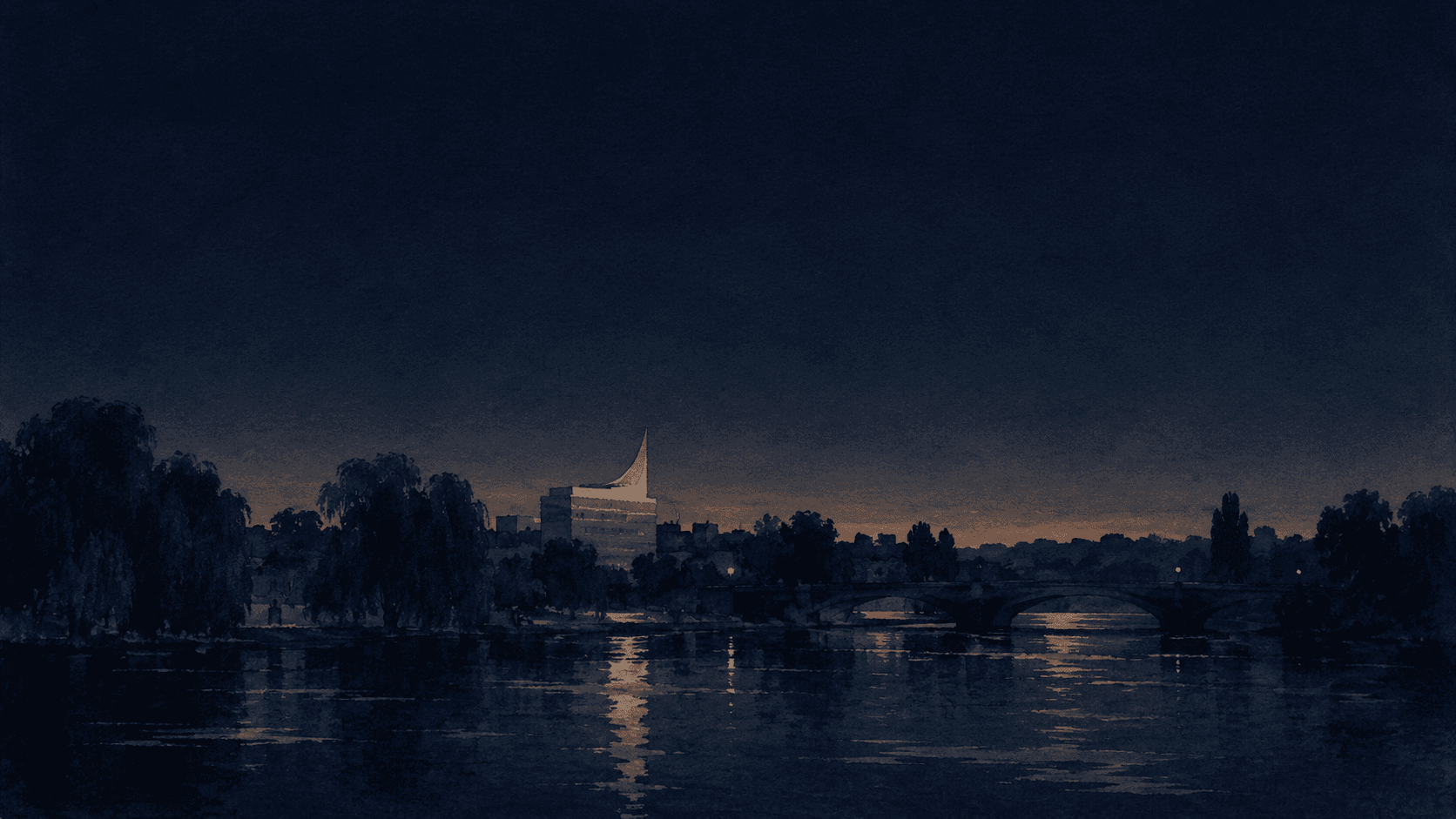 A painting of Reading at dusk